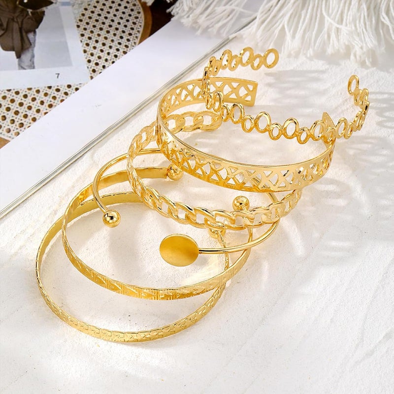 IFKM Gold Bangle Bracelets For Women, 14k Gold Plated Multi Layer Stackable Cuff Bracelet Set, Trendy Elegance Charms Non Tarnish Minimalist Textured Boho Jewelry Gift for Women - Image 4